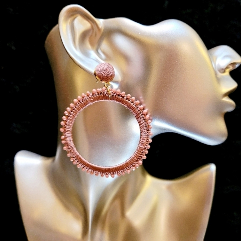 CHACARERA LARGE BLUSH PINK 100% SILK GLASS BEAD HOOP EARRINGS